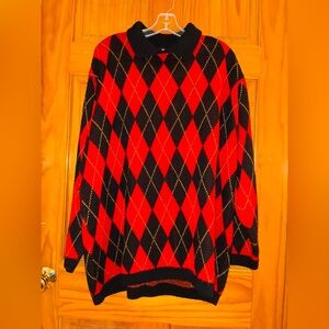 Vintage Alfred Dunner Red & Black Argyle Diamond Knit Sweater Collared Size 2X